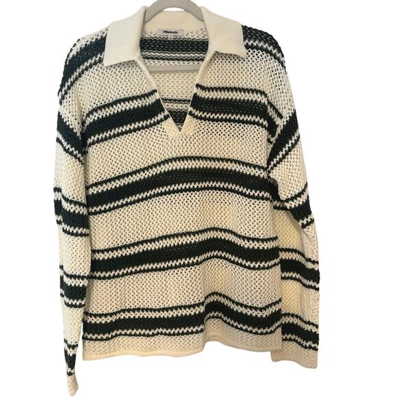 NWOT Madewell Open-Stitch Johnny Collar Sweater In Summit Green Stripe Size M - Picture 1 of 5